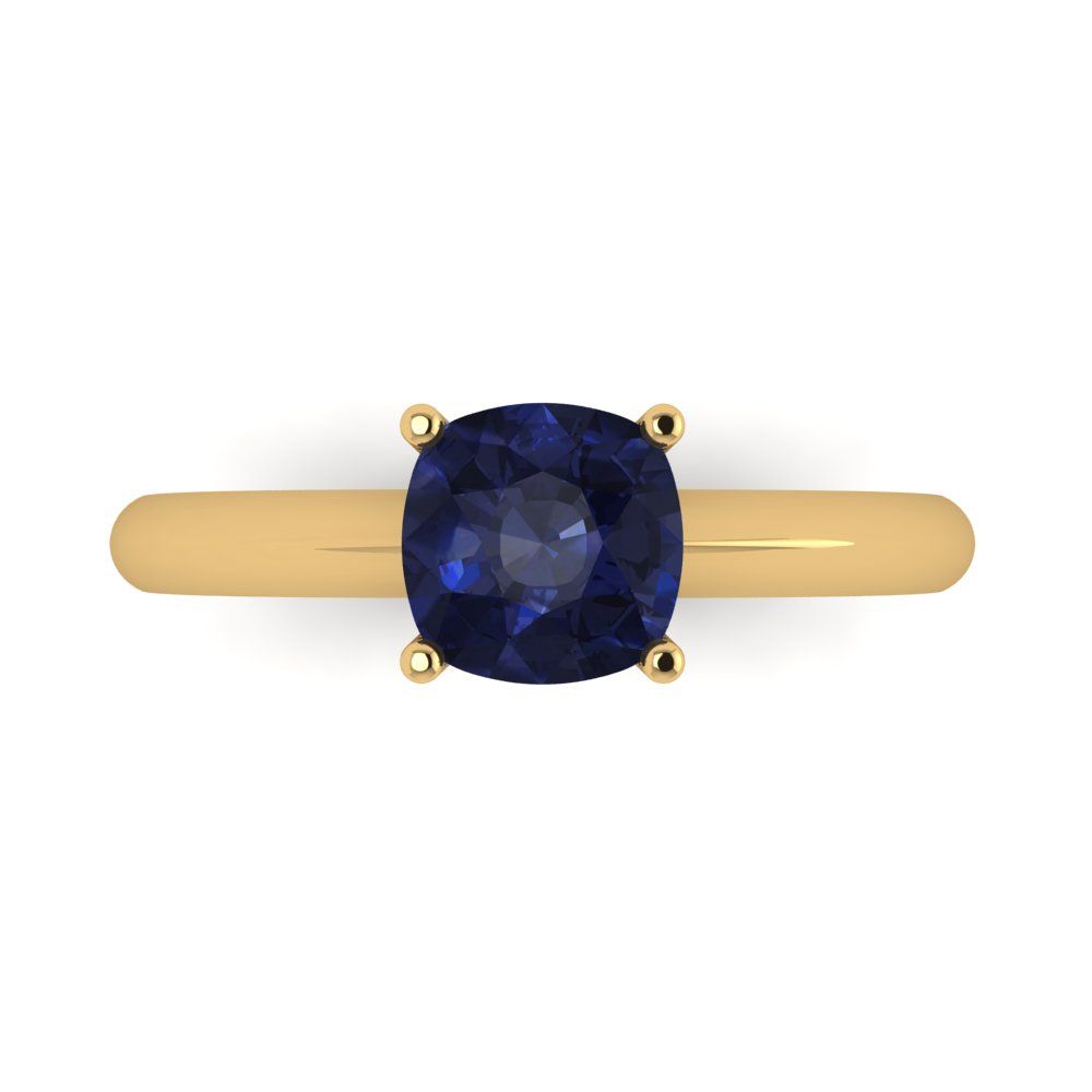 1.5 cttw Simulated Blue Sapphire Solitaire  Engagement Ring - Solid Gold (Cushion Cut,6.5mm)