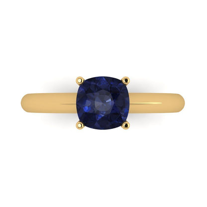 1.5 cttw Simulated Blue Sapphire Solitaire  Engagement Ring - Solid Gold (Cushion Cut,6.5mm)