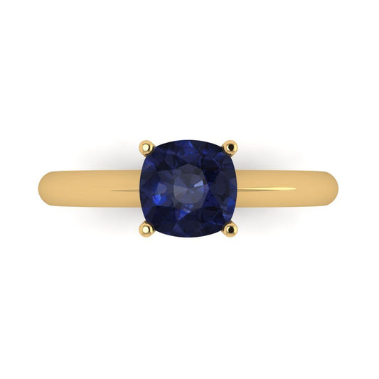 1.5 cttw Simulated Blue Sapphire Solitaire  Engagement Ring - Solid Yellow Gold (VVS1, Cushion Cut,6.5mm)