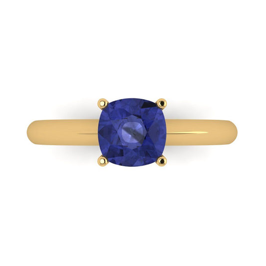 1.5 cttw Simulated Tanzanite Solitaire  Engagement Ring - Solid Yellow Gold (VVS1, Cushion Cut,6.5mm)
