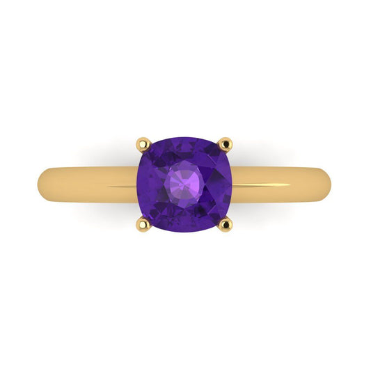 1.5 cttw Natural Amethyst Solitaire  Engagement Ring - Solid Yellow Gold (VVS1, Cushion Cut,6.5mm)