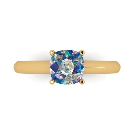 1.5 cttw Blue Moissanite Solitaire  Engagement Ring - Solid Yellow Gold (VVS1, Cushion Cut,6.5mm)