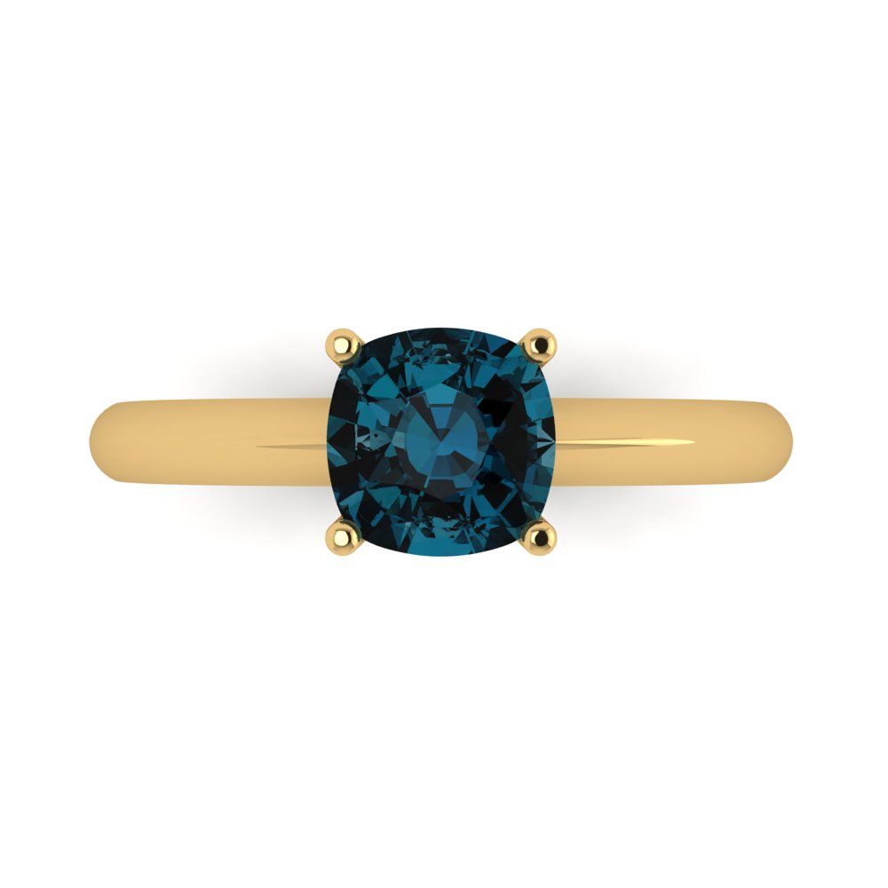 1.5 cttw Natural London Blue Topaz Solitaire  Engagement Ring - Solid Gold (Cushion Cut,6.5mm)