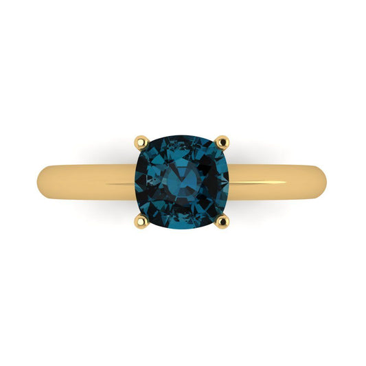 1.5 cttw Natural London Blue Topaz Solitaire  Engagement Ring - Solid Yellow Gold (VVS1, Cushion Cut,6.5mm)