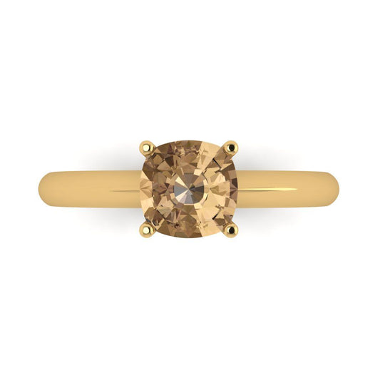1.5 cttw Zirconia Simulated Champagne Diamond Solitaire  Engagement Ring - Solid Yellow Gold (VVS1, Cushion Cut,6.5mm)