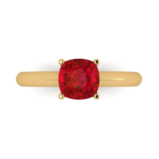 1.5 cttw Simulated Ruby Solitaire  Engagement Ring - Solid Yellow Gold (VVS1, Cushion Cut,6.5mm)