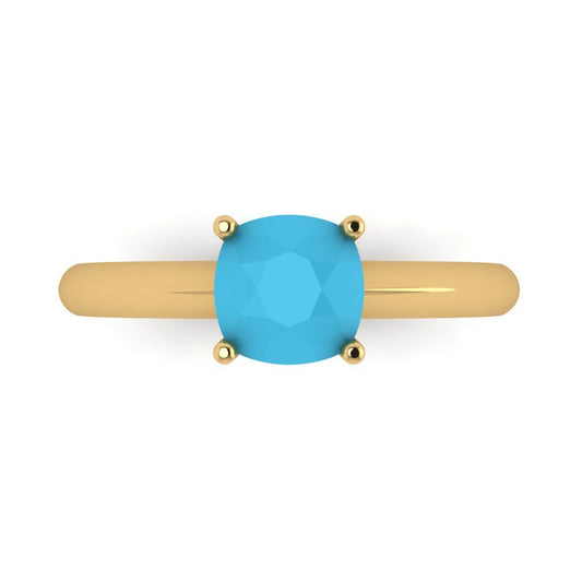 1.5 cttw Simulated Turquoise Solitaire  Engagement Ring - Solid Yellow Gold (VVS1, Cushion Cut,6.5mm)