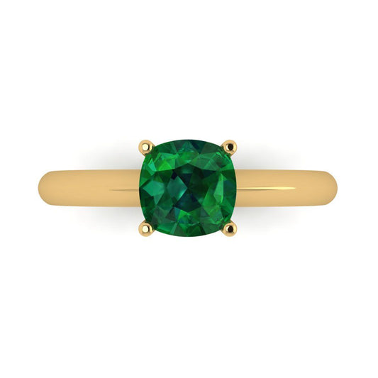 1.5 cttw Simulated Emerald Solitaire  Engagement Ring - Solid Yellow Gold (VVS1, Cushion Cut,6.5mm)