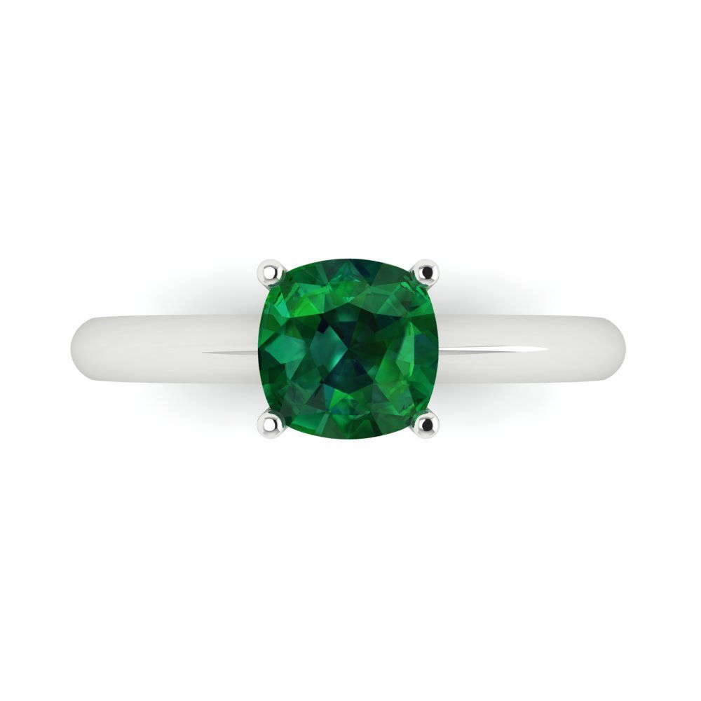 1.5 cttw Simulated Emerald Solitaire  Engagement Ring - Solid White Gold (VVS1, Cushion Cut,6.5mm)