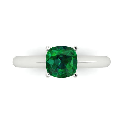 1.5 cttw Simulated Emerald Solitaire  Engagement Ring - Solid White Gold (VVS1, Cushion Cut,6.5mm)