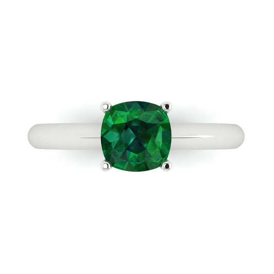 1.5 cttw Simulated Emerald Solitaire  Engagement Ring - Solid White Gold (VVS1, Cushion Cut,6.5mm)