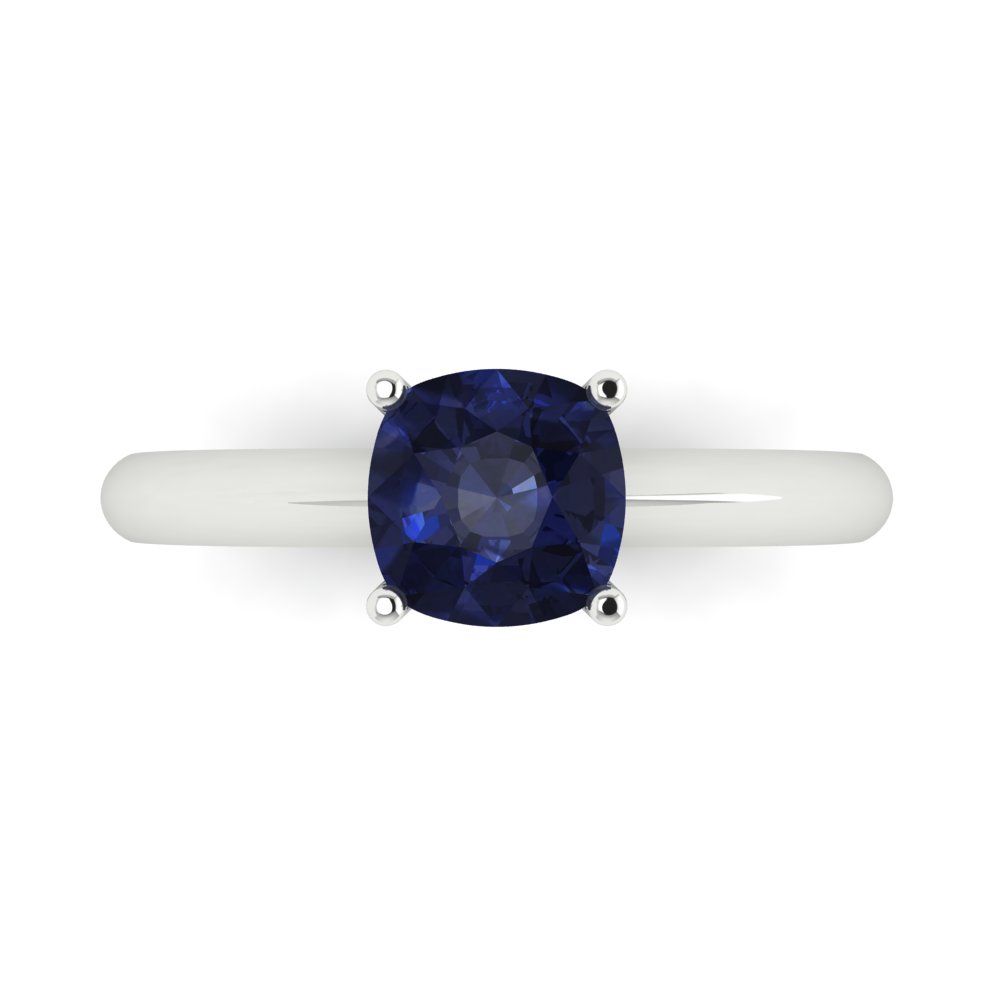 1.5 cttw Simulated Blue Sapphire Solitaire  Engagement Ring - Solid Gold (Cushion Cut,6.5mm)