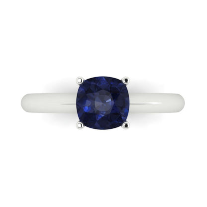 1.5 cttw Simulated Blue Sapphire Solitaire  Engagement Ring - Solid Gold (Cushion Cut,6.5mm)