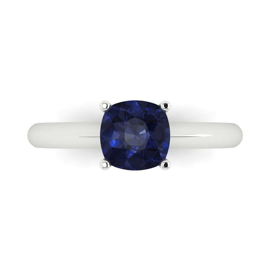 1.5 cttw Simulated Blue Sapphire Solitaire  Engagement Ring - Solid White Gold (VVS1, Cushion Cut,6.5mm)