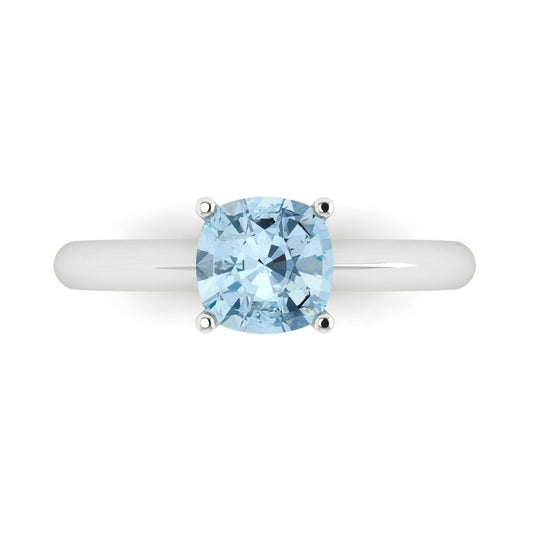 1.5 cttw Natural Aquamarine Solitaire  Engagement Ring - Solid White Gold (VVS1, Cushion Cut,6.5mm)