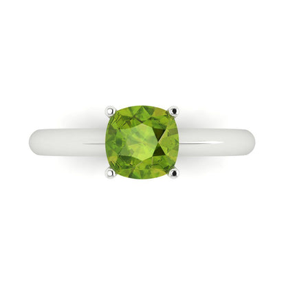 1.5 cttw Natural Peridot Solitaire  Engagement Ring - Solid White Gold (VVS1, Cushion Cut,6.5mm)