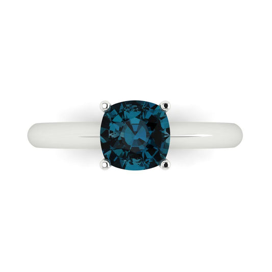 1.5 cttw Natural London Blue Topaz Solitaire  Engagement Ring - Solid White Gold (VVS1, Cushion Cut,6.5mm)