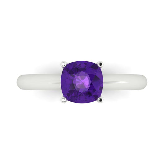 1.5 cttw Natural Amethyst Solitaire  Engagement Ring - Solid White Gold (VVS1, Cushion Cut,6.5mm)