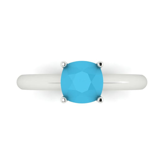 1.5 cttw Simulated Turquoise Solitaire  Engagement Ring - Solid White Gold (VVS1, Cushion Cut,6.5mm)