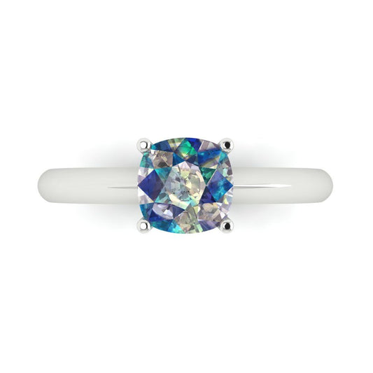 1.5 cttw Blue Moissanite Solitaire  Engagement Ring - Solid White Gold (VVS1, Cushion Cut,6.5mm)