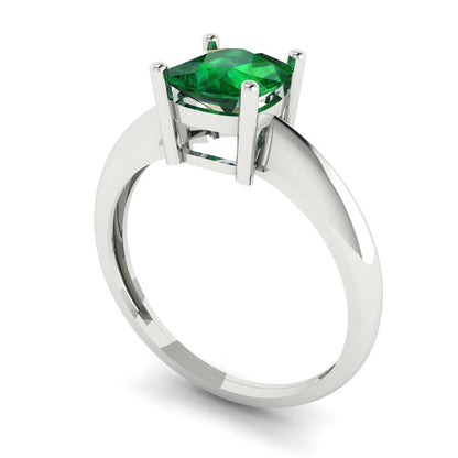 1.5 cttw Simulated Emerald Solitaire  Engagement Ring - Solid White Gold (VVS1, Cushion Cut,6.5mm)
