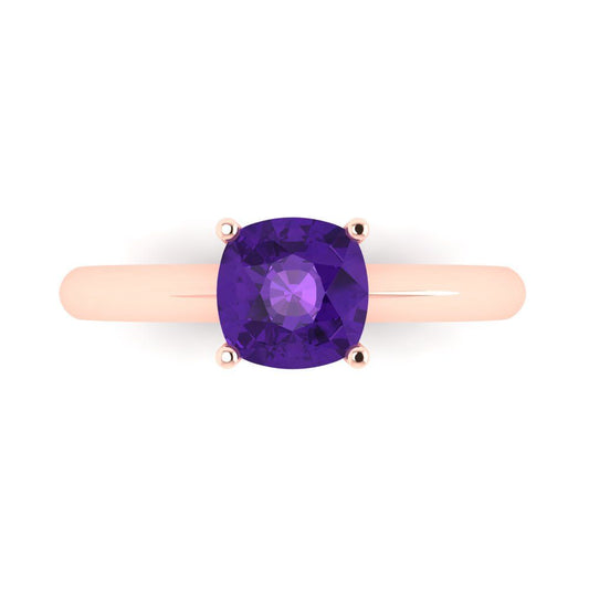 1.5 cttw Natural Amethyst Solitaire  Engagement Ring - Solid Rose Gold (VVS1, Cushion Cut,6.5mm)