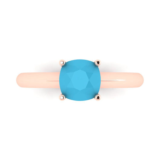 1.5 cttw Simulated Turquoise Solitaire  Engagement Ring - Solid Rose Gold (VVS1, Cushion Cut,6.5mm)