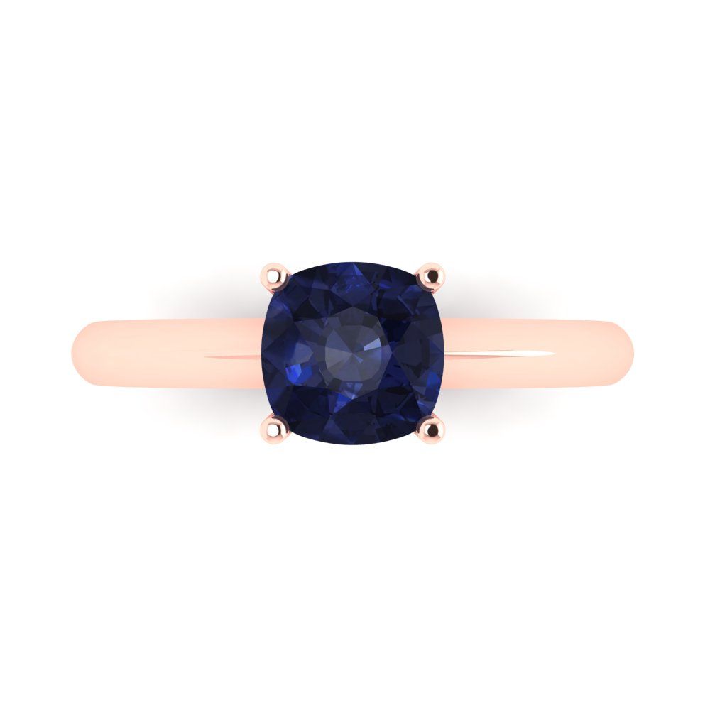 1.5 cttw Simulated Blue Sapphire Solitaire  Engagement Ring - Solid Gold (Cushion Cut,6.5mm)
