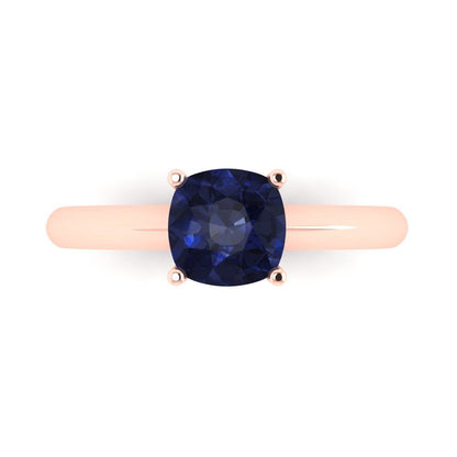 1.5 cttw Simulated Blue Sapphire Solitaire  Engagement Ring - Solid Gold (Cushion Cut,6.5mm)
