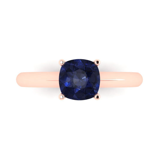 1.5 cttw Simulated Blue Sapphire Solitaire  Engagement Ring - Solid Rose Gold (VVS1, Cushion Cut,6.5mm)