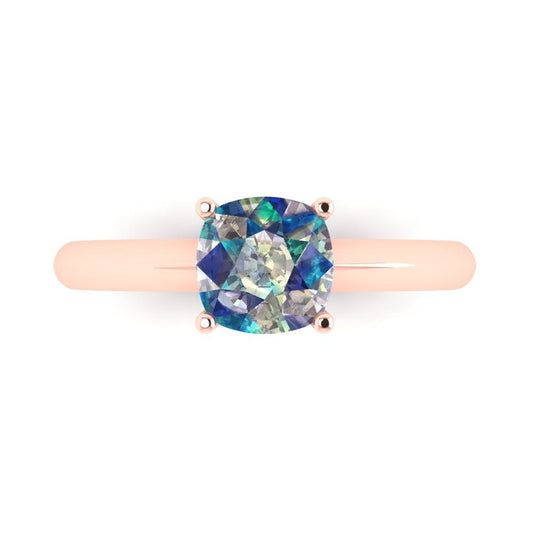 1.5 cttw Blue Moissanite Solitaire  Engagement Ring - Solid Rose Gold (VVS1, Cushion Cut,6.5mm)