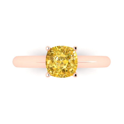 1.5 cttw Zirconia Simulated Yellow Diamond Solitaire  Engagement Ring - Solid Gold (VVS1, Cushion Cut,6.5mm)