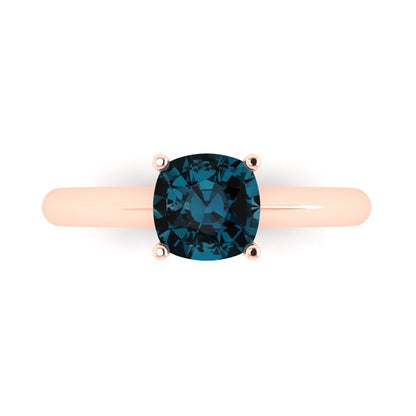 1.5 cttw Natural London Blue Topaz Solitaire  Engagement Ring - Solid Gold (Cushion Cut,6.5mm)