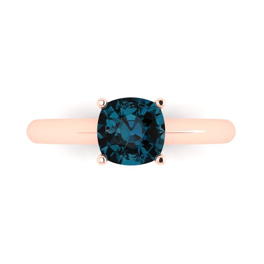 1.5 cttw Natural London Blue Topaz Solitaire  Engagement Ring - Solid Rose Gold (VVS1, Cushion Cut,6.5mm)