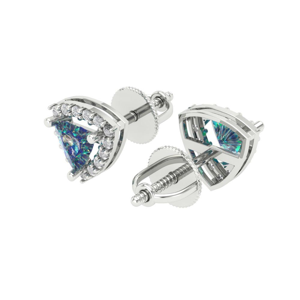 1.021 ctw Blue Moissanite Studs Earrings | 5mm  Triangle Cut White Gold Screw back | April Birthstone