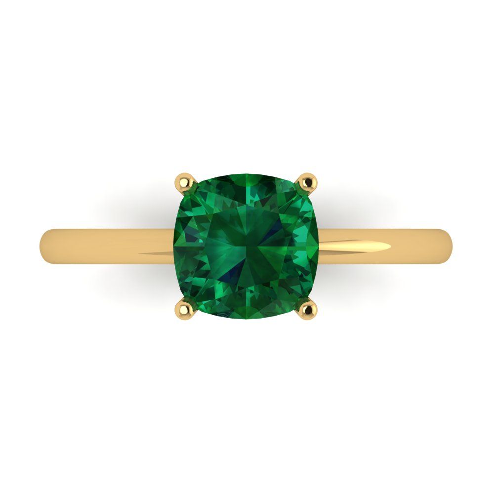 2 cttw Simulated Emerald Solitaire  Engagement Ring - Solid Yellow Gold (VVS1, Cushion Cut,7mm)