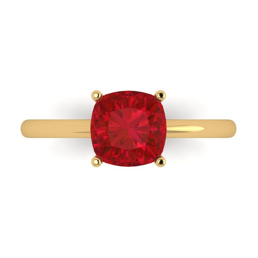 2 cttw Simulated Ruby Solitaire  Engagement Ring - Solid Yellow Gold (VVS1, Cushion Cut,7mm)
