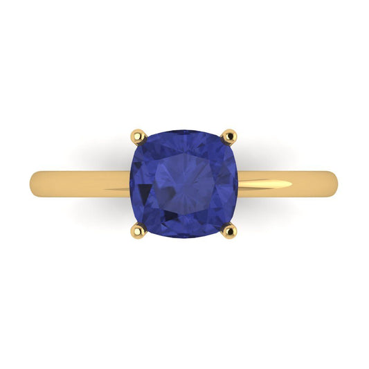 2 cttw Simulated Tanzanite Solitaire  Engagement Ring - Solid Yellow Gold (VVS1, Cushion Cut,7mm)