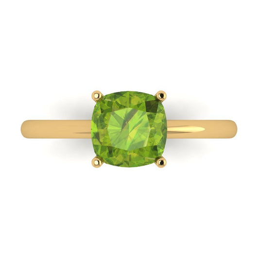 2 cttw Natural Peridot Solitaire  Engagement Ring - Solid Yellow Gold (VVS1, Cushion Cut,7mm)