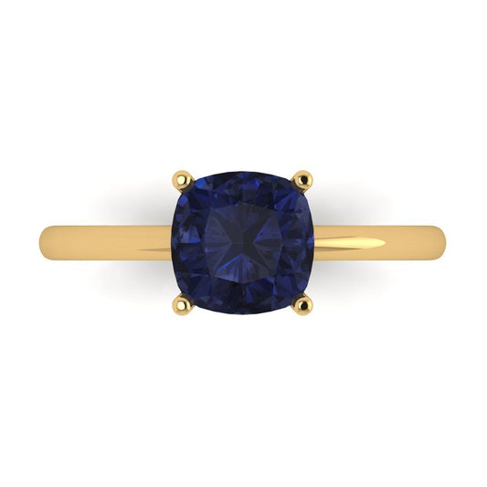 2 cttw Simulated Blue Sapphire Solitaire  Engagement Ring - Solid Yellow Gold (VVS1, Cushion Cut,7mm)