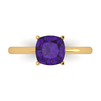 2 cttw Natural Amethyst Solitaire  Engagement Ring - Solid Gold (Cushion Cut,7mm)