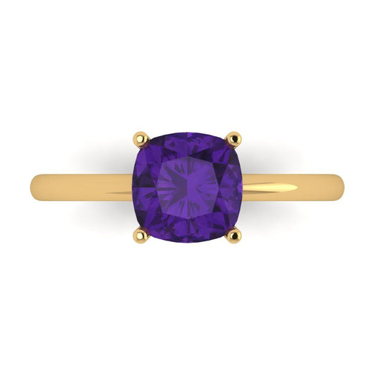 2 cttw Natural Amethyst Solitaire  Engagement Ring - Solid Yellow Gold (VVS1, Cushion Cut,7mm)
