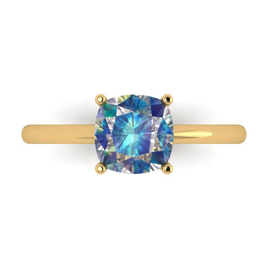 2 cttw Blue Moissanite Solitaire  Engagement Ring - Solid Yellow Gold (VVS1, Cushion Cut,7mm)