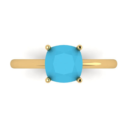 2 cttw Simulated Turquoise Solitaire  Engagement Ring - Solid Gold (Cushion Cut,7mm)