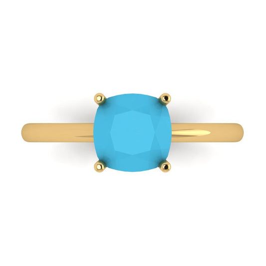 2 cttw Simulated Turquoise Solitaire  Engagement Ring - Solid Yellow Gold (VVS1, Cushion Cut,7mm)
