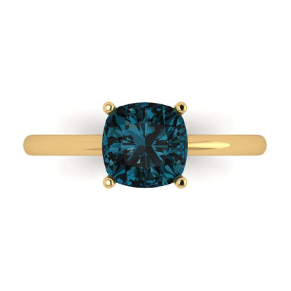 2 cttw Natural London Blue Topaz Solitaire  Engagement Ring - Solid Gold (Cushion Cut,7mm)