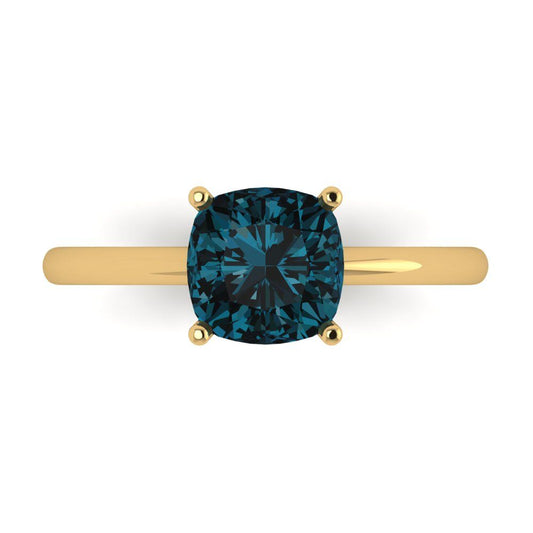 2 cttw Natural London Blue Topaz Solitaire  Engagement Ring - Solid Yellow Gold (VVS1, Cushion Cut,7mm)