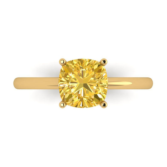 2 cttw Zirconia Simulated Yellow Diamond Solitaire  Engagement Ring - Solid Yellow Gold (VVS1, Cushion Cut,7mm)