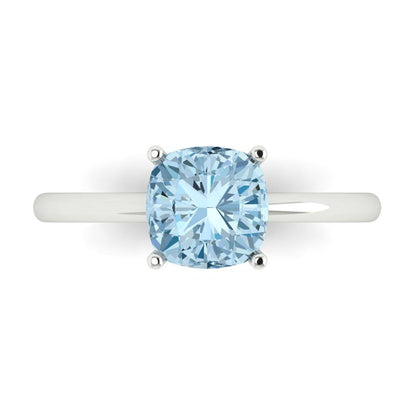 2 cttw Natural Aquamarine Solitaire  Engagement Ring - Solid White Gold (VVS1, Cushion Cut,7mm)