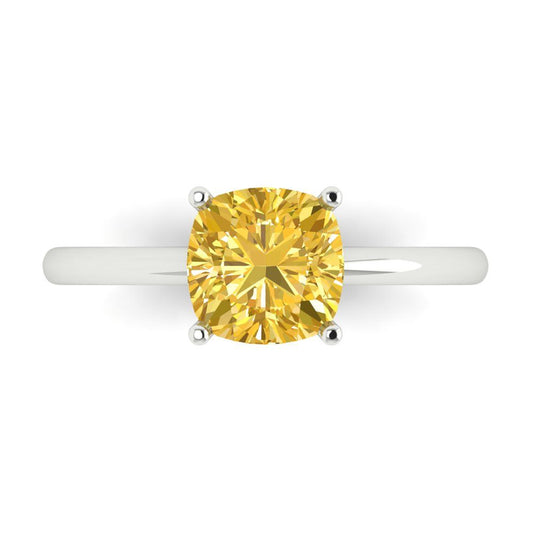 2 cttw Zirconia Simulated Yellow Diamond Solitaire  Engagement Ring - Solid White Gold (VVS1, Cushion Cut,7mm)